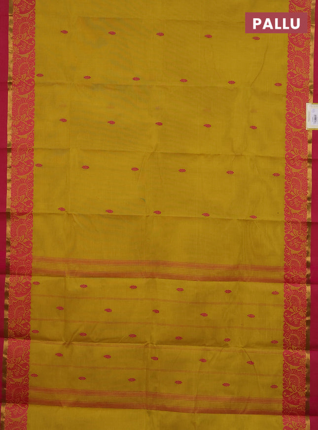 Chettinad cotton saree yellow and pink with thread woven buttas and thread woven zari simple border