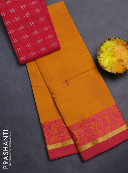Chettinad cotton saree mustard yellow and pink with thread woven buttas and thread woven zari simple border