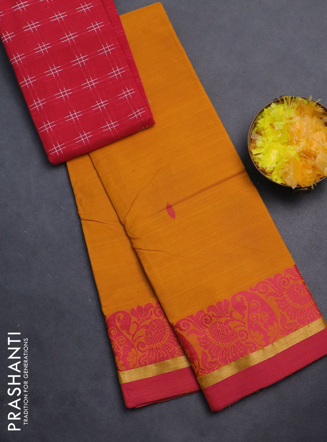 Chettinad cotton saree mustard yellow and pink with thread woven buttas and thread woven zari simple border