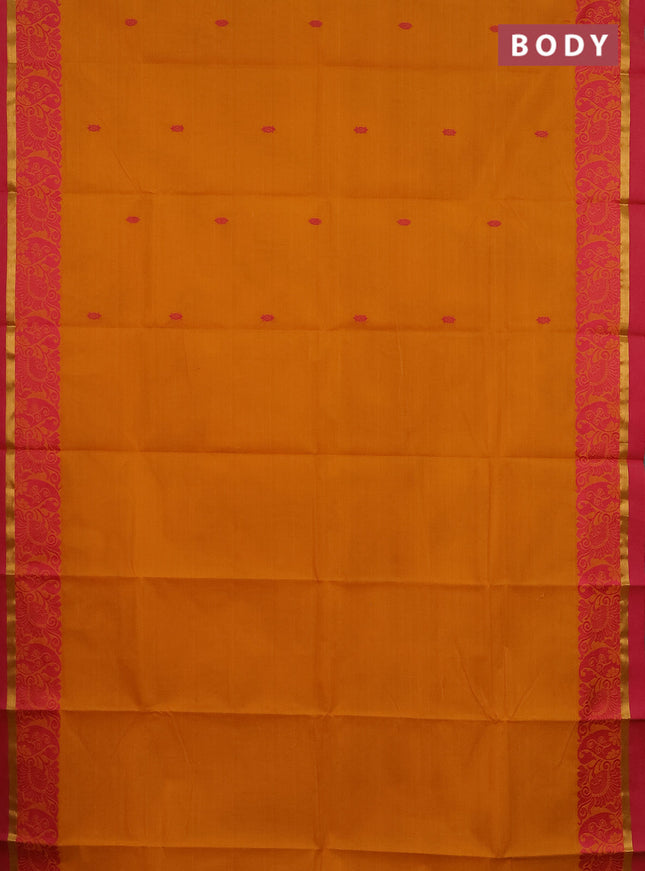 Chettinad cotton saree mustard yellow and pink with thread woven buttas and thread woven zari simple border