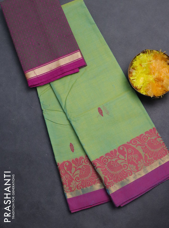 Chettinad cotton saree teal green and magenta pink with thread woven buttas and thread woven zari simple border