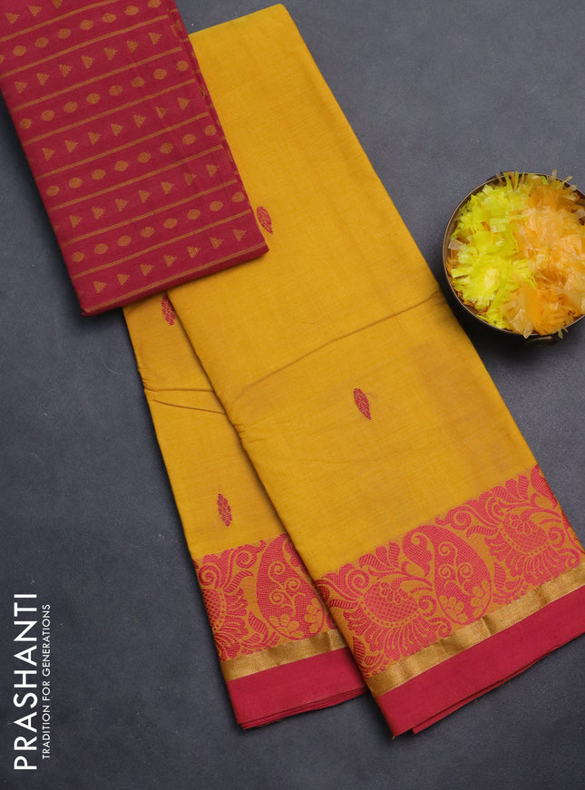 Chettinad cotton saree yellow and pink with thread woven buttas and thread woven zari simple border