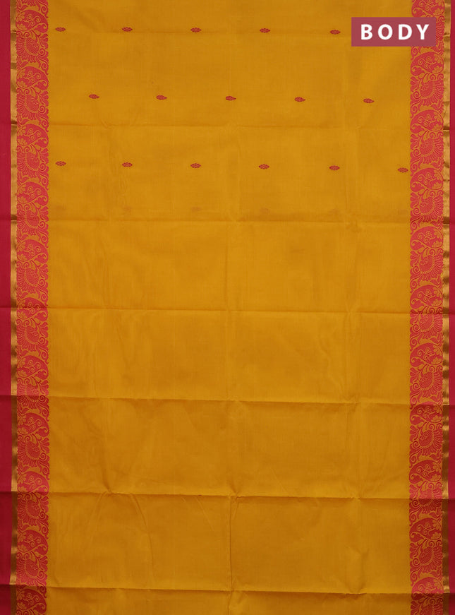 Chettinad cotton saree yellow and pink with thread woven buttas and thread woven zari simple border