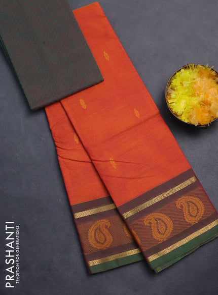 Chettinad cotton saree rustic orange and dual shade of green with thread woven buttas and thread woven border