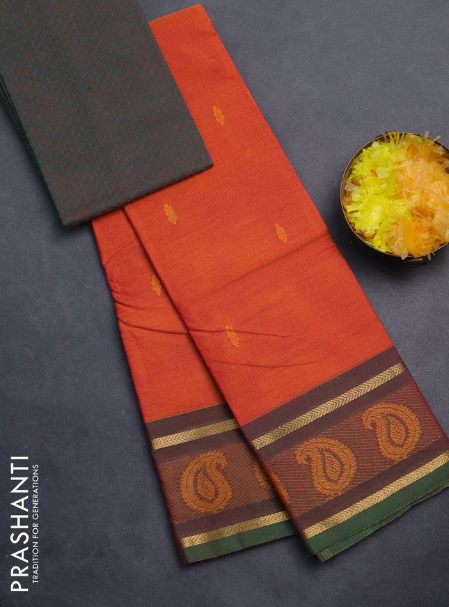 Chettinad cotton saree rustic orange and dual shade of green with thread woven buttas and thread woven border