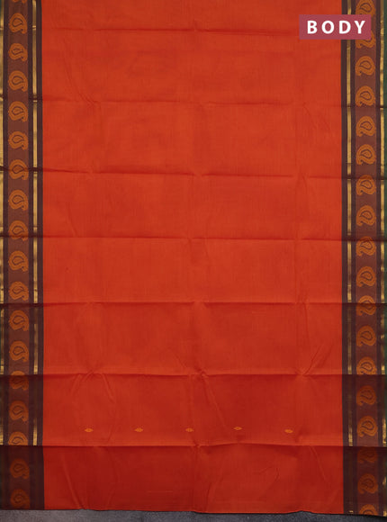 Chettinad cotton saree rustic orange and dual shade of green with thread woven buttas and thread woven border