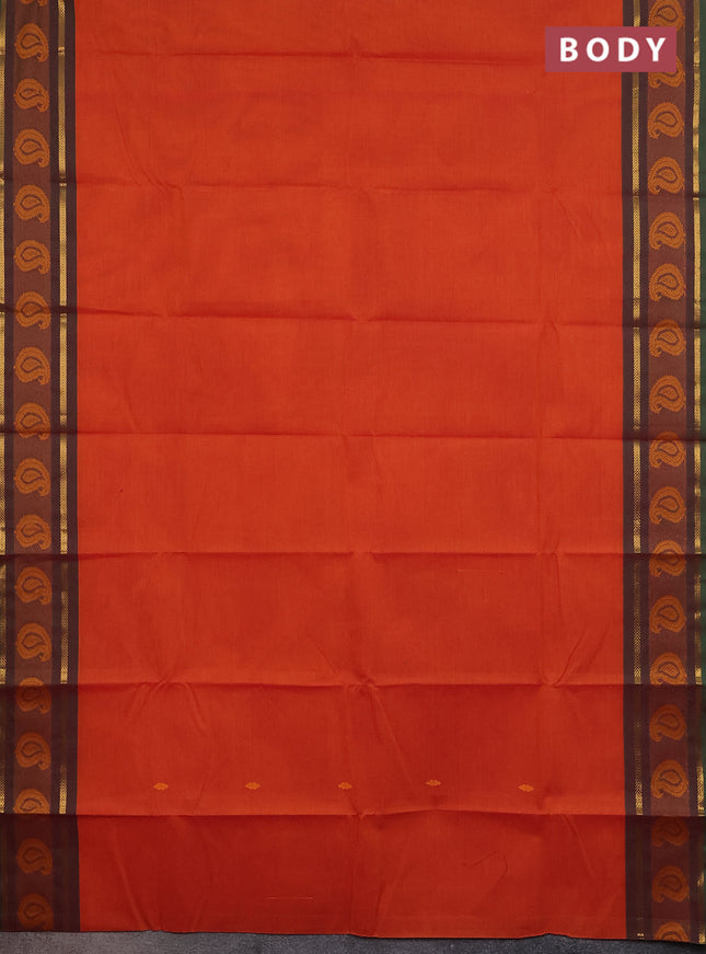 Chettinad cotton saree rustic orange and dual shade of green with thread woven buttas and thread woven border