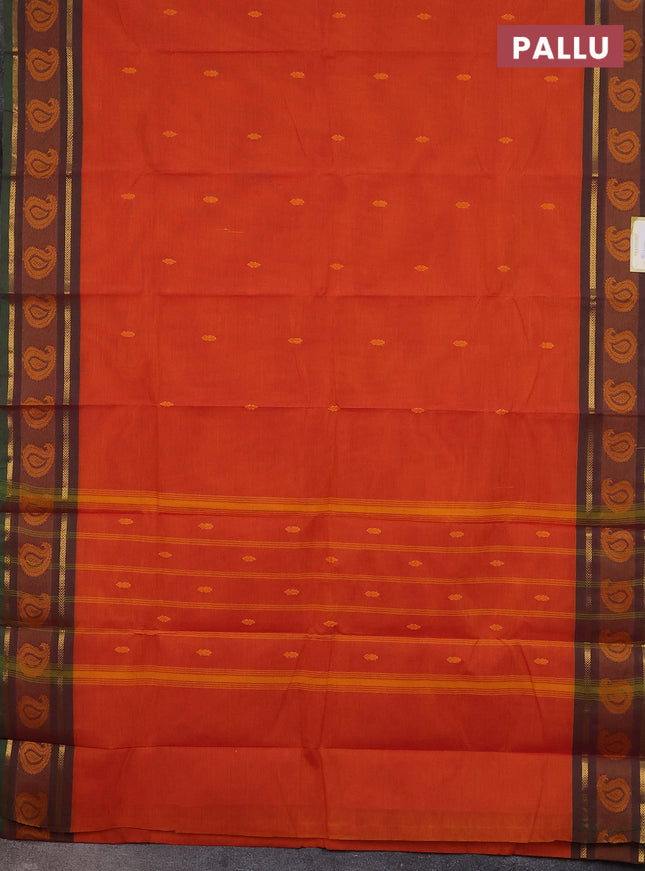 Chettinad cotton saree rustic orange and dual shade of green with thread woven buttas and thread woven border