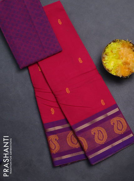 Chettinad cotton saree pink and dual shade of purple with thread woven buttas and thread woven border