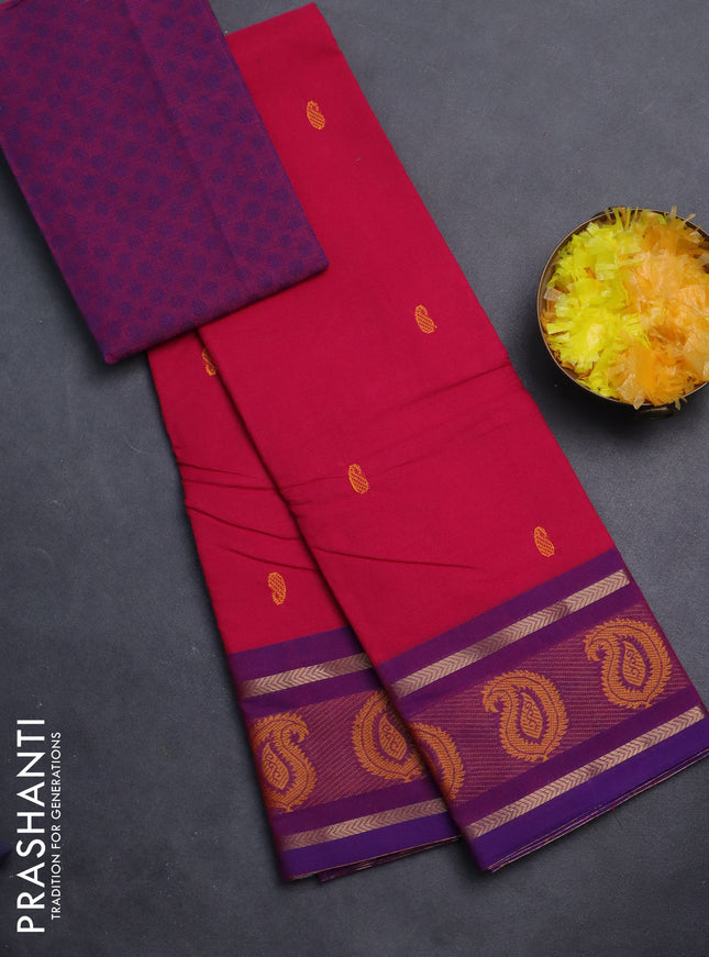 Chettinad cotton saree pink and dual shade of purple with thread woven buttas and thread woven border