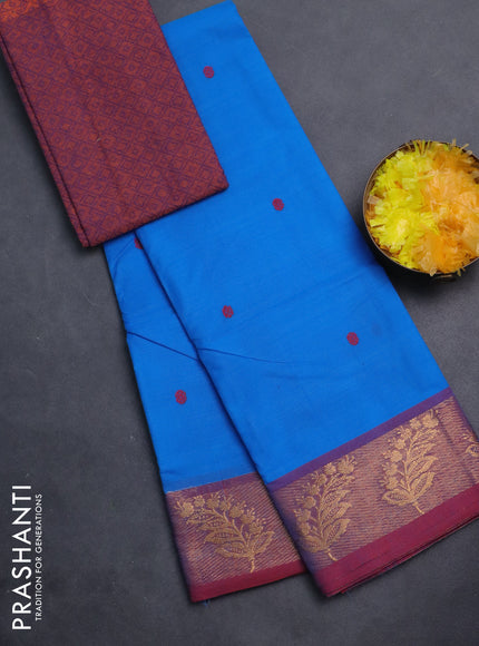 Chettinad cotton saree cs blue and maroon with thread woven buttas and zari woven border