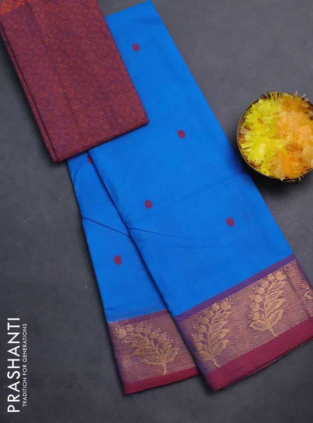 Chettinad cotton saree cs blue and maroon with thread woven buttas and zari woven border