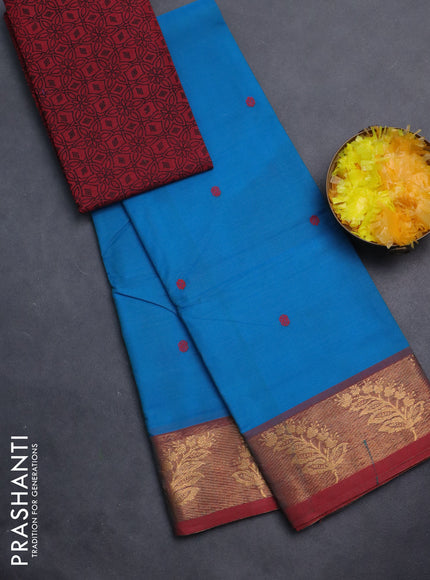 Chettinad cotton saree cs blue and maroon with thread woven buttas and zari woven border