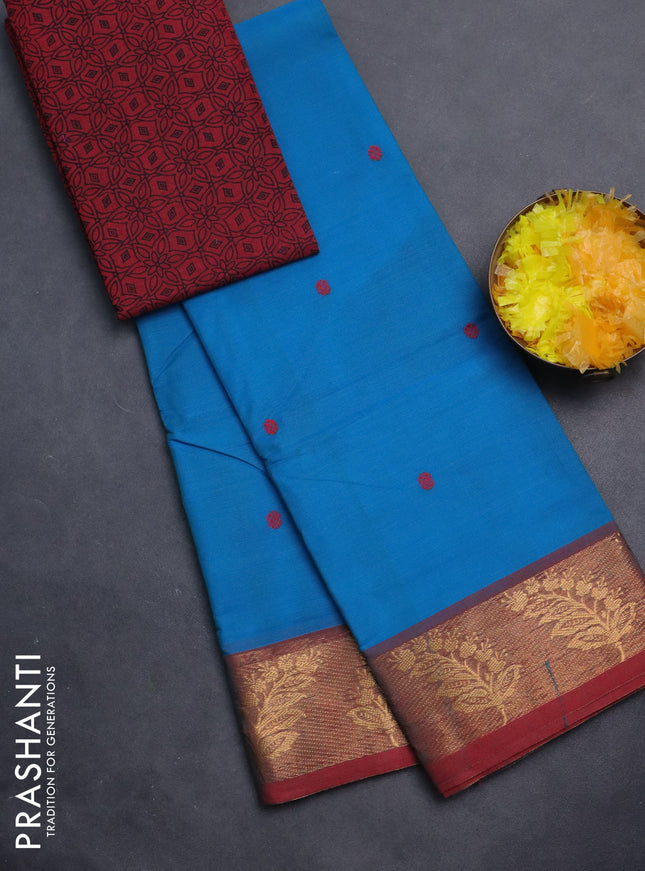 Chettinad cotton saree cs blue and maroon with thread woven buttas and zari woven border