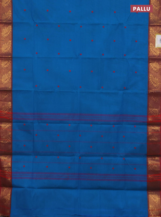 Chettinad cotton saree cs blue and maroon with thread woven buttas and zari woven border
