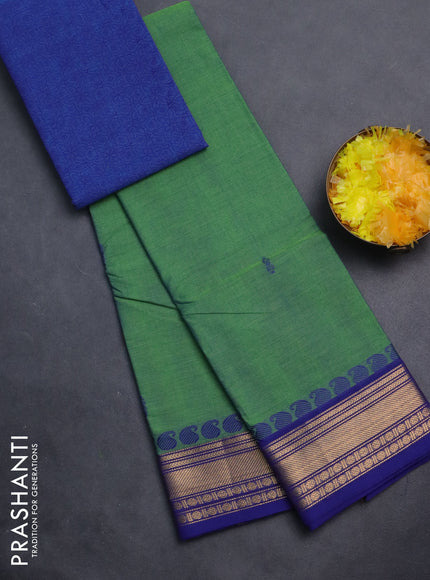 Chettinad cotton saree dual shade of green and blue with thread woven buttas and zari woven border