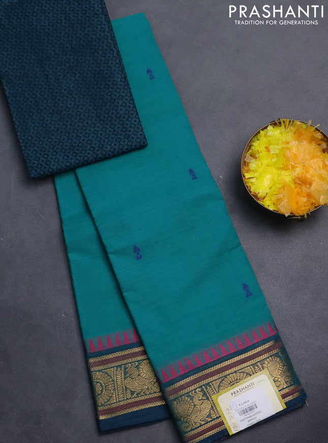Chettinad cotton saree teal green with thread woven buttas and zari woven border