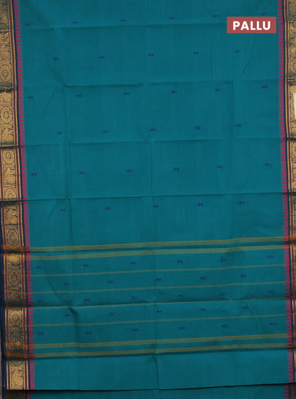 Chettinad cotton saree teal green with thread woven buttas and zari woven border