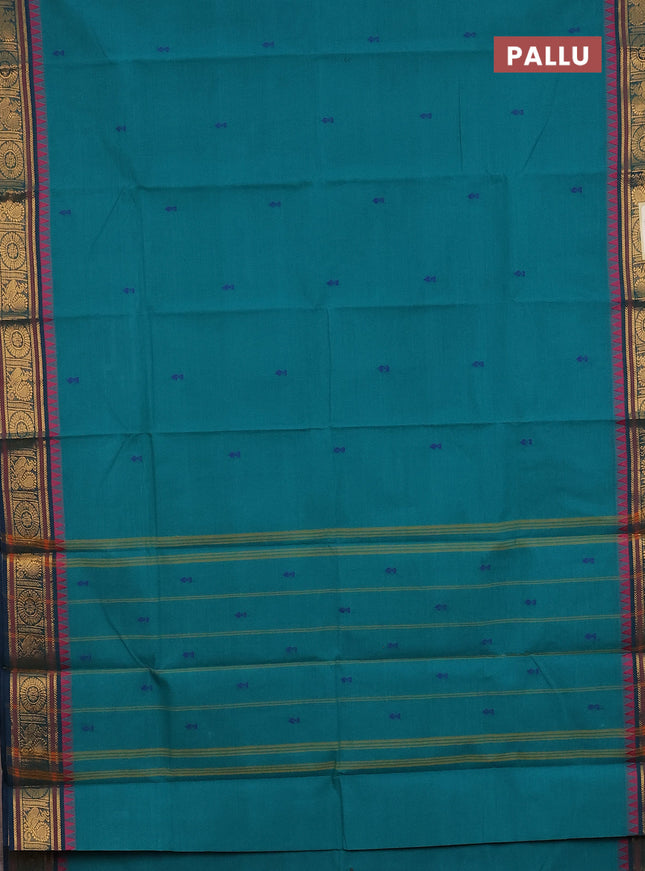 Chettinad cotton saree teal green with thread woven buttas and zari woven border