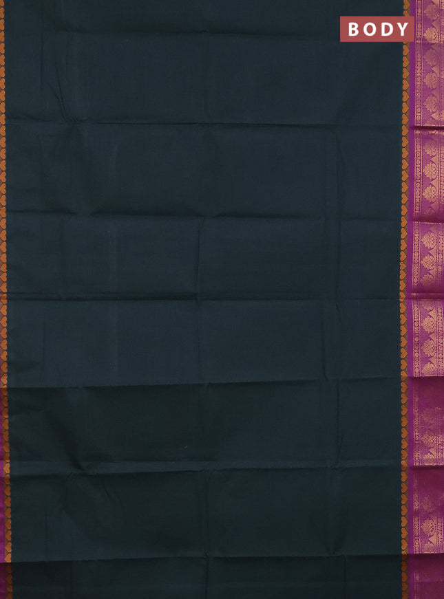 Chettinad cotton saree dark green and purple with plain body and zari woven border