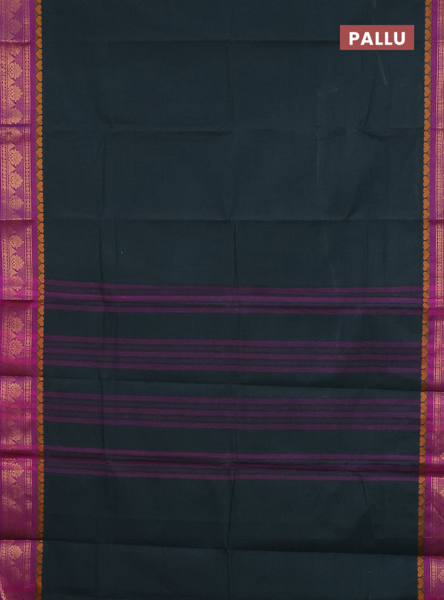 Chettinad cotton saree dark green and purple with plain body and zari woven border