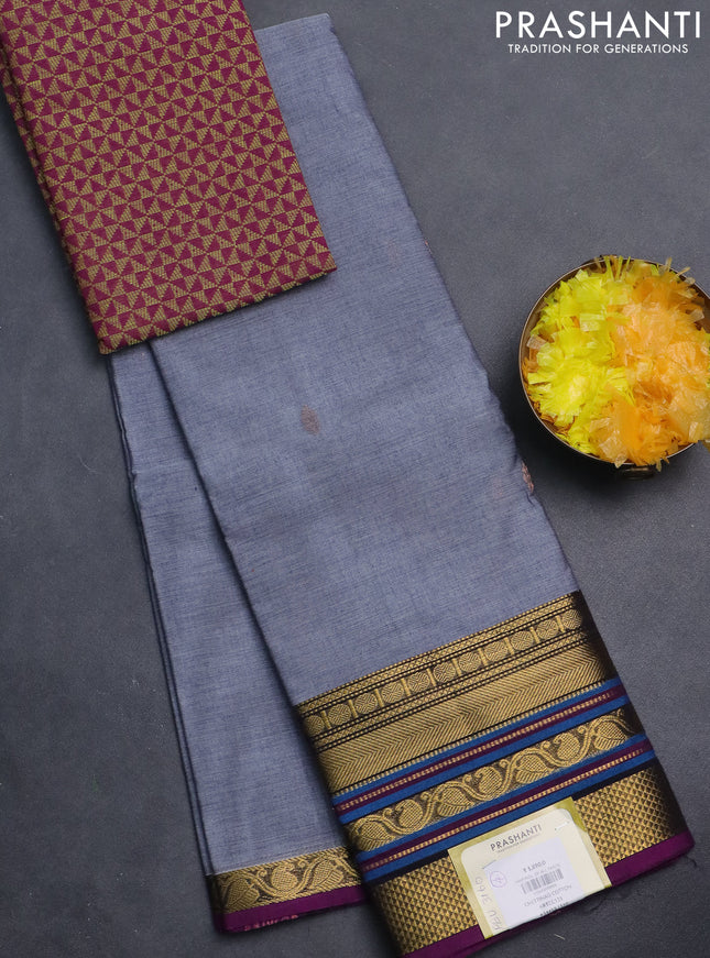 Chettinad cotton saree grey and purple with zari woven buttas and zari woven border