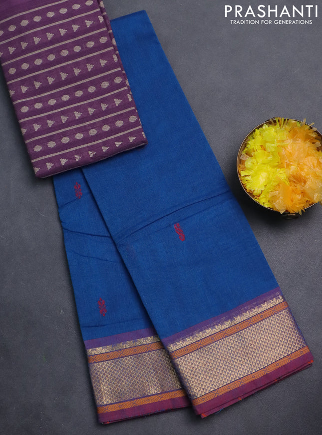 Chettinad cotton saree cs blue and maroon with thread woven buttas and zari woven border