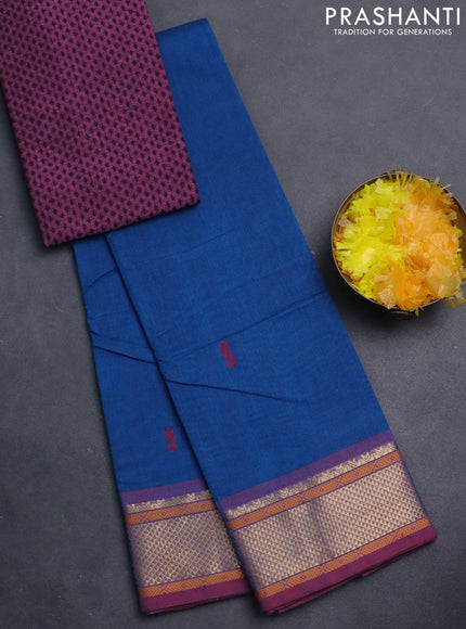 Chettinad cotton saree cs blue and dark pink with thread woven buttas and zari woven border