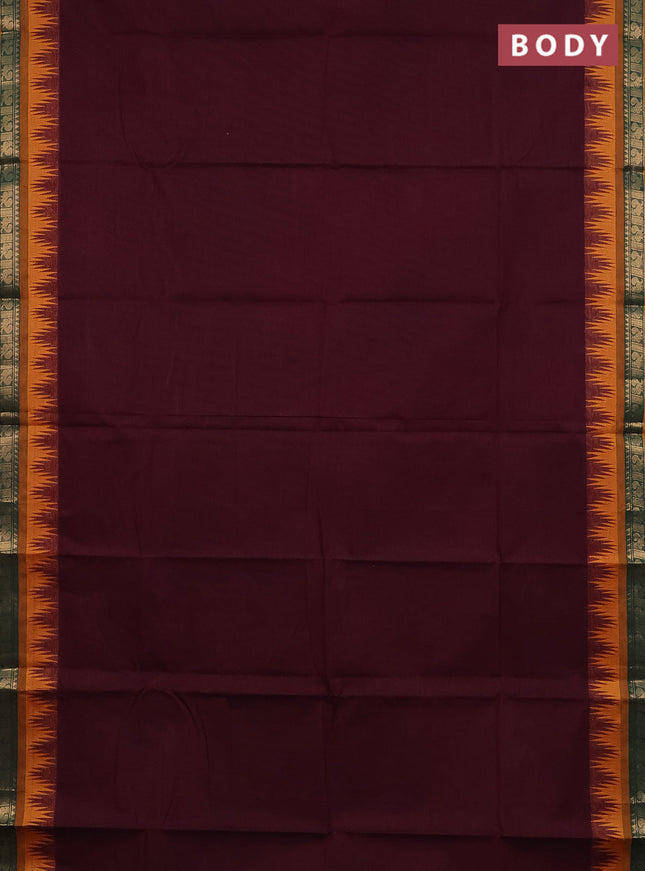 Chettinad cotton saree deep maroon and mustard yellow with plain body and temple design zari woven bordrer