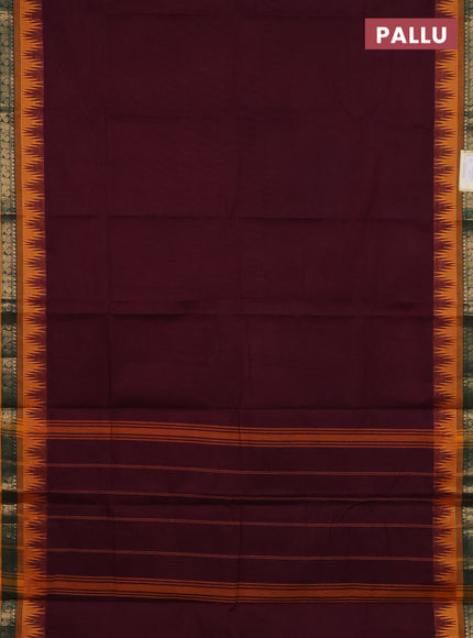 Chettinad cotton saree deep maroon and mustard yellow with plain body and temple design zari woven bordrer