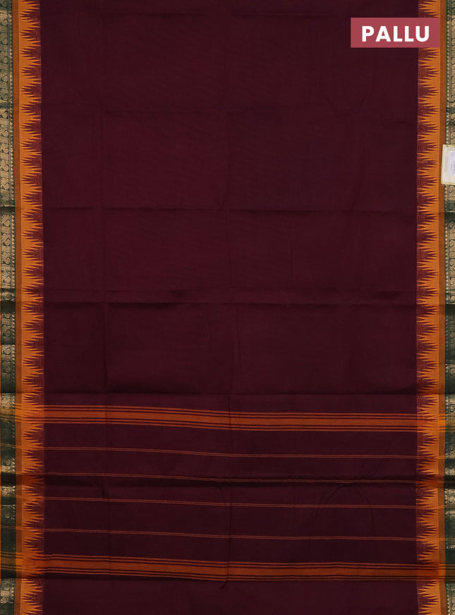 Chettinad cotton saree deep maroon and mustard yellow with plain body and temple design zari woven bordrer
