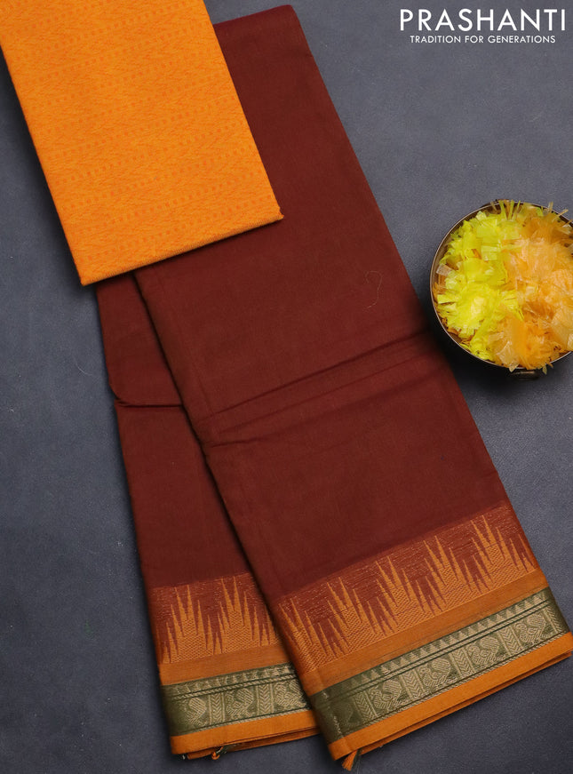 Chettinad cotton saree dual shade of brown and orange with plain body and temple design zari woven bordrer