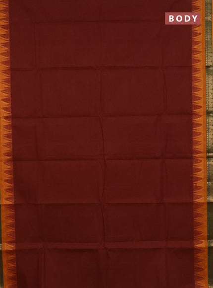 Chettinad cotton saree dual shade of brown and orange with plain body and temple design zari woven bordrer