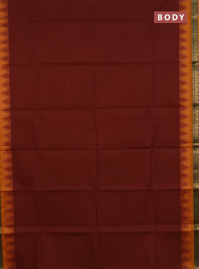 Chettinad cotton saree dual shade of brown and orange with plain body and temple design zari woven bordrer