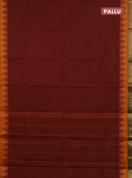 Chettinad cotton saree dual shade of brown and orange with plain body and temple design zari woven bordrer