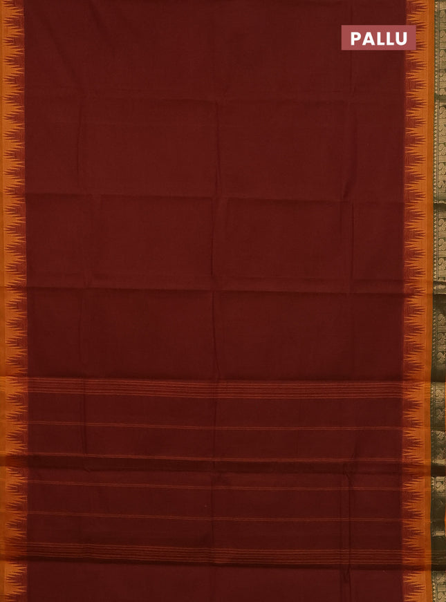 Chettinad cotton saree dual shade of brown and orange with plain body and temple design zari woven bordrer