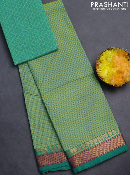 Chettinad cotton saree teal green with allover small checked pattern and zari woven border