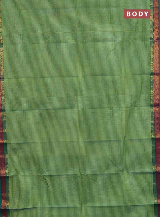 Chettinad cotton saree teal green with allover small checked pattern and zari woven border