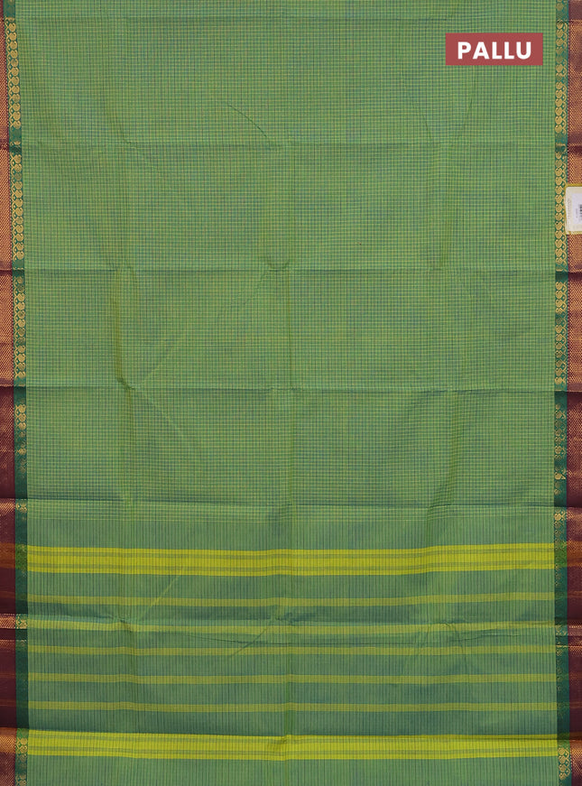Chettinad cotton saree teal green with allover small checked pattern and zari woven border