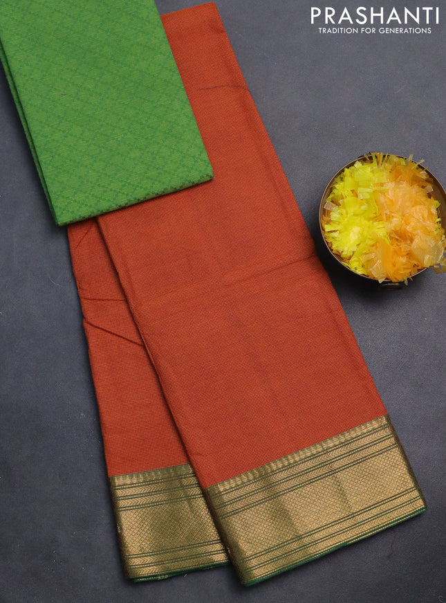 Chettinad cotton saree rust shade and green with allover small checked pattern and zari woven border