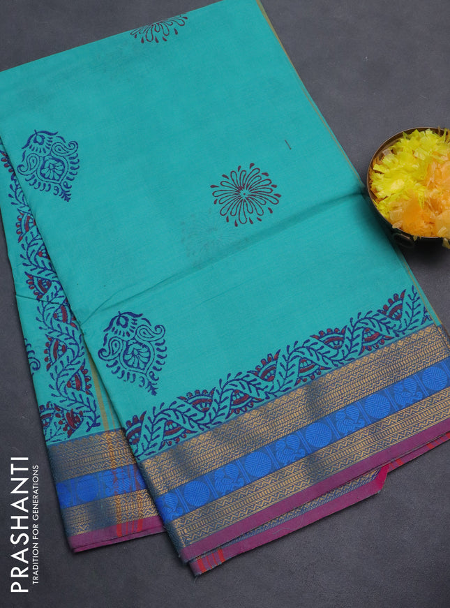 Chettinad cotton saree teal blue and pink with allover block prints and zari woven border