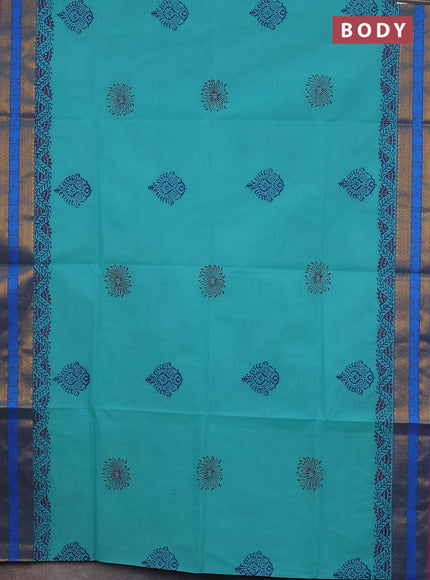 Chettinad cotton saree teal blue and pink with allover block prints and zari woven border