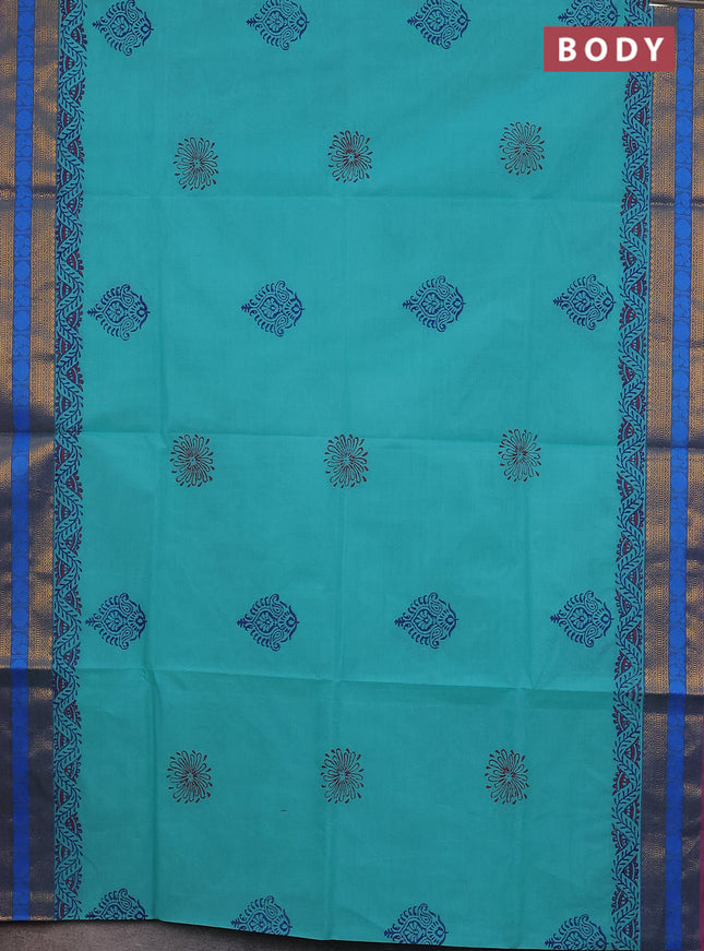 Chettinad cotton saree teal blue and pink with allover block prints and zari woven border