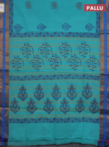 Chettinad cotton saree teal blue and pink with allover block prints and zari woven border