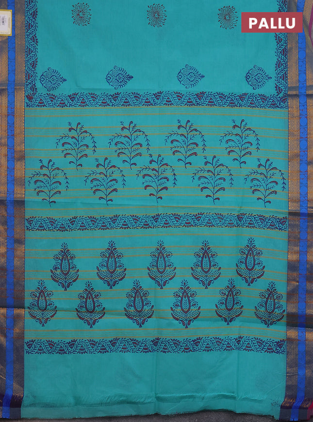 Chettinad cotton saree teal blue and pink with allover block prints and zari woven border