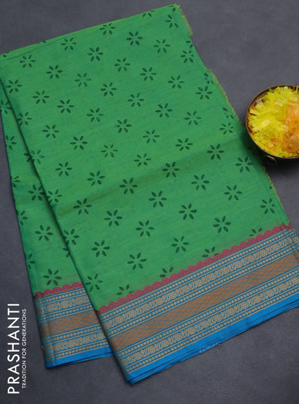 Chettinad cotton saree green and cs blue with allover block prints and thread woven border