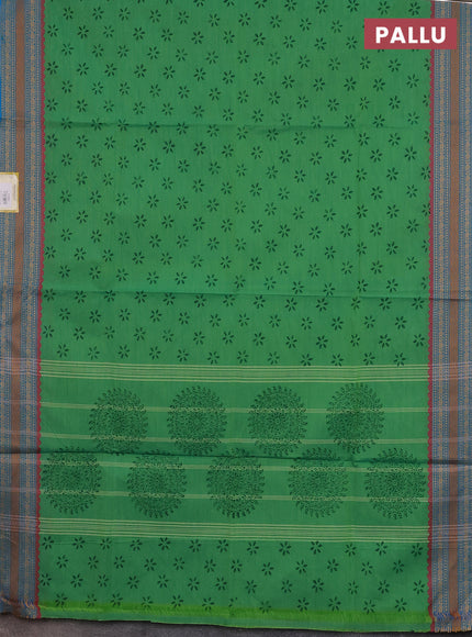 Chettinad cotton saree green and cs blue with allover block prints and thread woven border