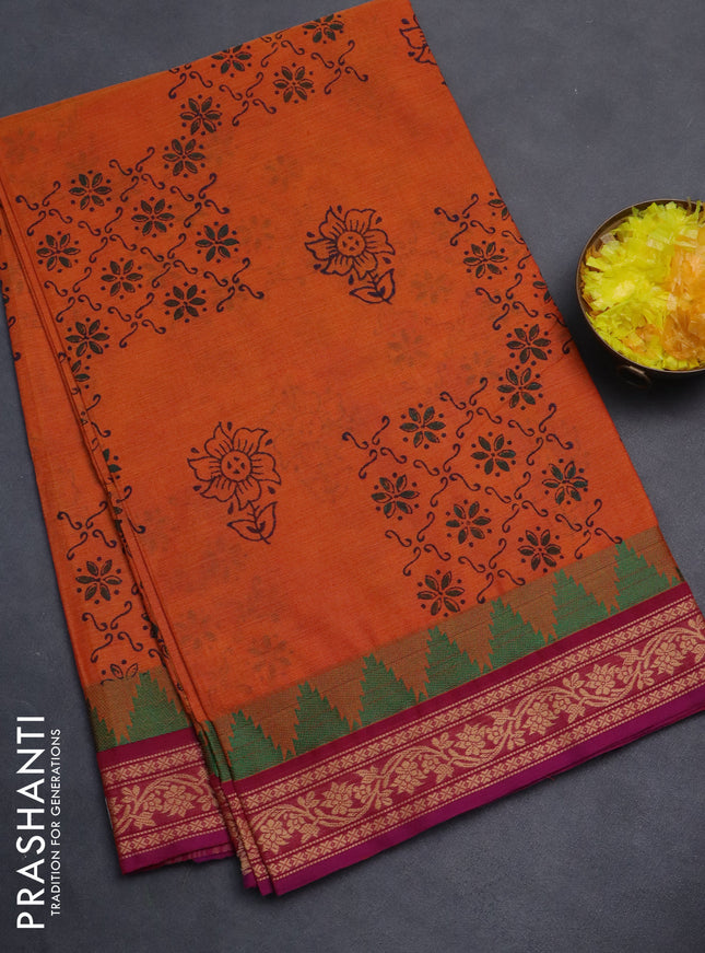 Chettinad cotton saree orange and dark pink with allover block prints and thread woven border