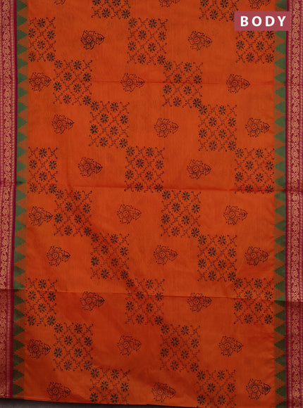 Chettinad cotton saree orange and dark pink with allover block prints and thread woven border