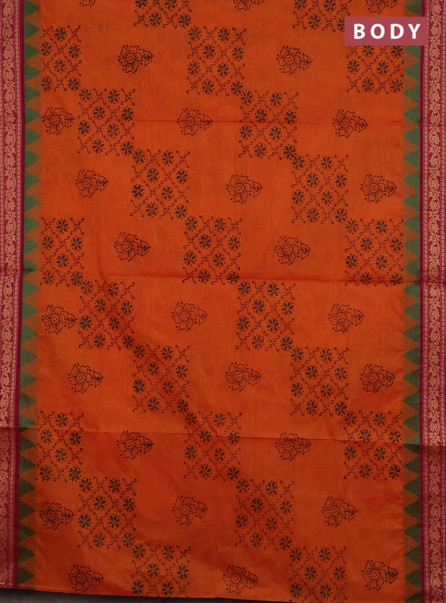 Chettinad cotton saree orange and dark pink with allover block prints and thread woven border